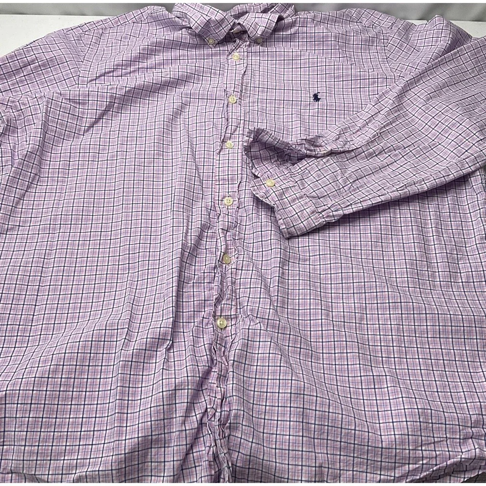 Polo Ralph Lauren Shirt Men Sz 2XL Stretch Gingham Plaid Pink Long Sleeve Pony